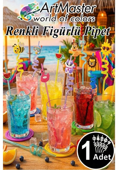 Figürlü Pipet 1 Adet Sevimli Renkli Kıvrımlı Pipet 26 Cm Ev Dekoratif Kokteyl Yıkanabilir Emoji Çocuklar İçin