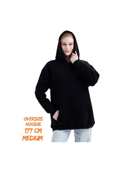Pxm 3 Iplik Şardonlu Kapşonlu Ve Kanguru Cepli Sweatshirt Düz Hoodie Siyah Siyah