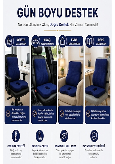 Ortopedik Sırt Ve Oturma Minderi Seti Bel, Sırt Ve Kuyruk Sokumu İçin Ergonomik Visco Destek Lacivert
