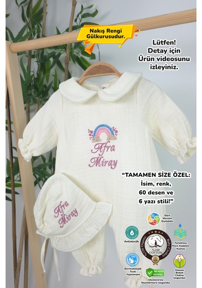 Gros Shop Müslin Yeni Doğan 4 Katlı Organik %100pamuk Kişiye Özgü Nakışlı Hastane Çıkış Seti-pudra Gökkuşağı Ekru-2