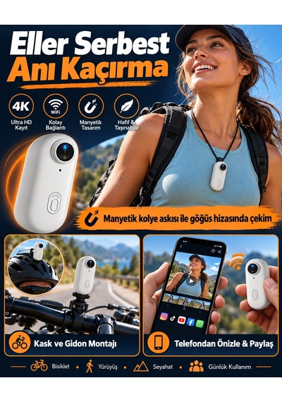 4k Wifi Mini Aksiyon Kamerası H.265 Manyetik Yaka Kamerası 360 Döner Klipsli Taşınabilir Spor Vlog Kamerası Beyaz