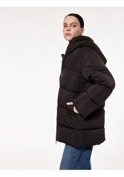 Koton Fermuarlı Uzun Kollu Su İtici Kapüşonlu Oversize Şişme Mont Kahverengi 6wak00220ew Kahverengi