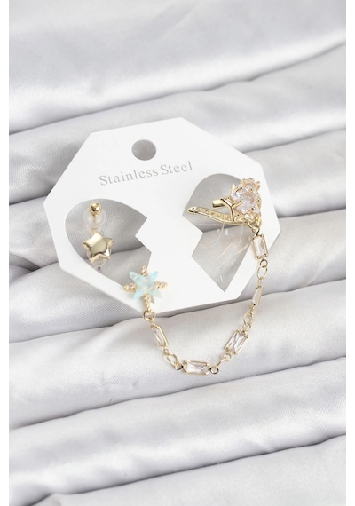 Mey İthalat Yıldız Model Pirinç Gold Renk Zincir Bağlantılı Ear Cuff Küpe Seti Diğer