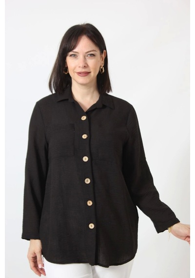 Moda Berray Sb-077 Siyah Pamuk Keten Kolu Apoletli İki Cepli Kadın Büyük Beden Gömlek Siyah Moda Berray Sb-077 Siyah Pamuk Keten Kolu Apoletli İki Cepli Kadın Büyük Beden Gömlek Siyah