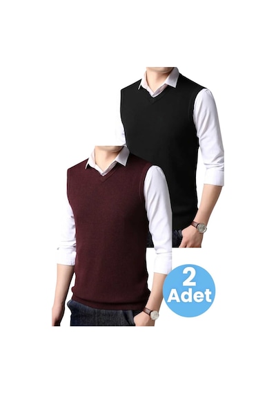 Tezzgelsin 2'li Erkek V Yaka Triko Tüylenmez Süveter Erkek Slim Fit Süveter Bordo - Siyah