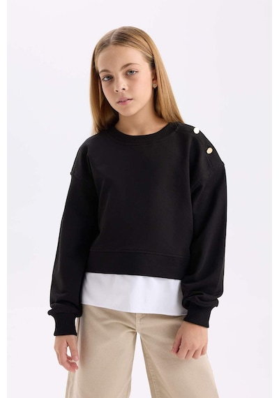 DeFacto Kız Çocuk Relax Fit Bisiklet Yaka Etek Ucu Detaylı Sweatshirt D0703A824AUBK81 Siyah