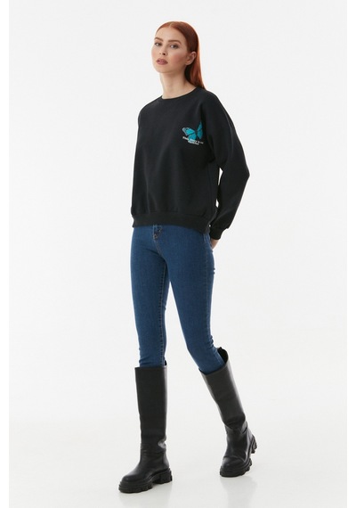 Fullamoda Kelebek Baskılı Oversize Sweatshirt- Siyah 24KGB890189618-Siyah