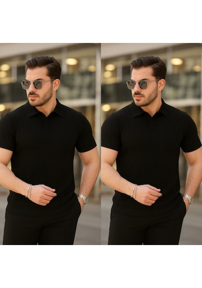 Oada Erkek Kısa Kollu Yakalı Çizgi Desenli Triko Bluz Siyah