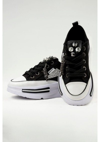 Tw Tonny White Tokyo - 172 Tül Detaylı Keten Sneakers Topuk Boyu 5cm Siyah