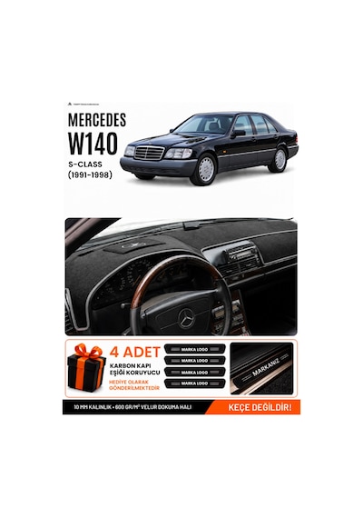 Mercedes W140 1991-1998 Uyumlu Torpido Koruma, Torpido Örtüsü, Torpido Kılıfı - Siyah Gri