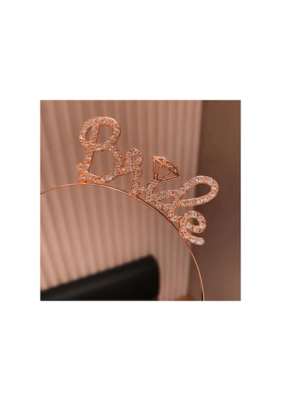 Rose Gold Renkli Taşlı Bride Gelin Tacı El Yazısı Yazı Tipiyle Çok Renkli