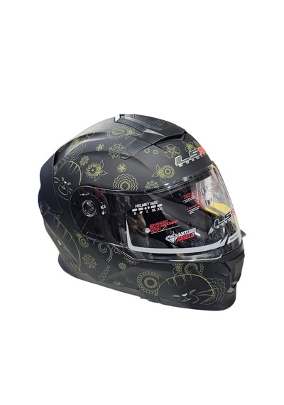 Çene Açılır Kask Ls5 Mat Siyah Kedi Grafikli Xl-4588 Mat Siyah Gold Sarı