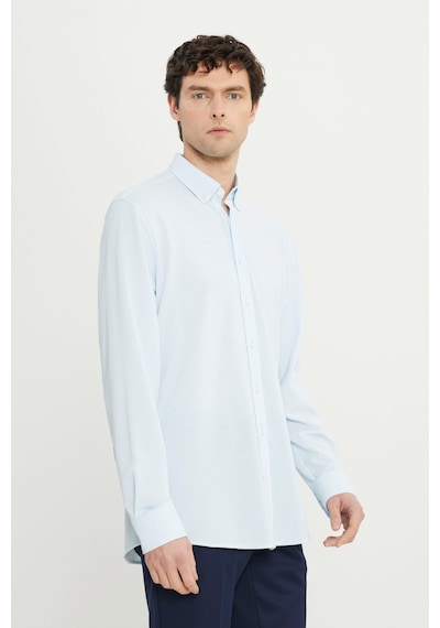 AC&Co / Altınyıldız Classics Erkek Mavı 360 Her Yöne Esneyen Pamuklu Slim Fit Dar Kesim Düğmeli Yaka Örme Gömlek Mavı