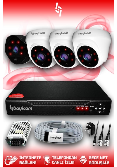 Bayicam 4 Kameralı Uzay 3 İç Kamera Set HDD'siz Full HD Gece Görüşlü Güvenlik Kamerası Sistemi