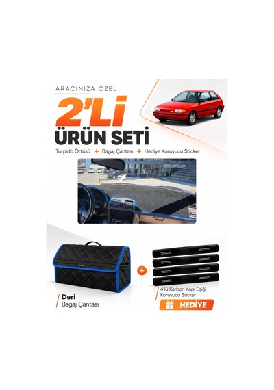 Mazda 323 Hatchback Bg Kasa 1991-1995 Uyumlu Torpido Örtüsü + Deri Bagaj Çantası Seti - Siyah Mavi