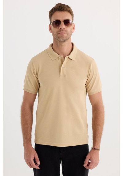 Tudors Erkek Slim Fit Dar Kesim Pamuklu Yumuşak Dokulu Serin Tutan Kumaş Düz Pike Kum Beji Polo Yaka Tişört-33706 Bej