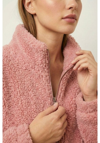 Kadın Peluş Tam Fermuarlı Cepli Sherpa Kuzu Kumaş Oversize Peluş Polar Sweatshirt Pembe