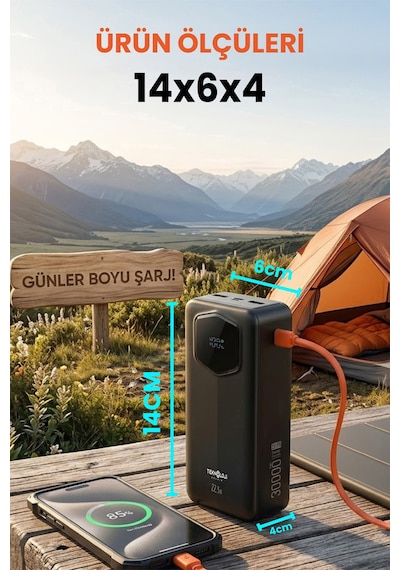 30.000 Mah Hızlı Şarj Powerbank 22.5 W Kendinden Kablolu Göstergeli Taşınabilir Batarya Siyah