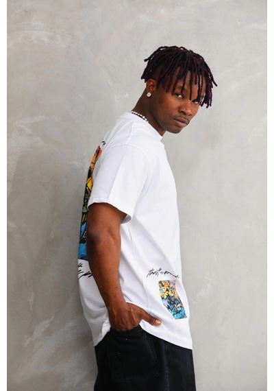 Barlashive Erkek Bisiklet Yaka Baskılı Oversize T-shirt - Beyaz Çok Renkli