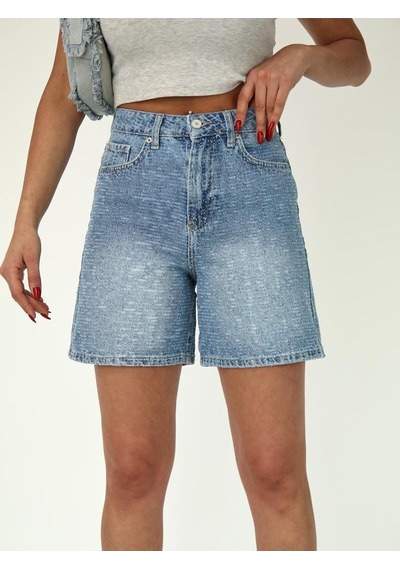 Eskitme Denim Kumaş Boru Paça Şort Mavi+eskitme