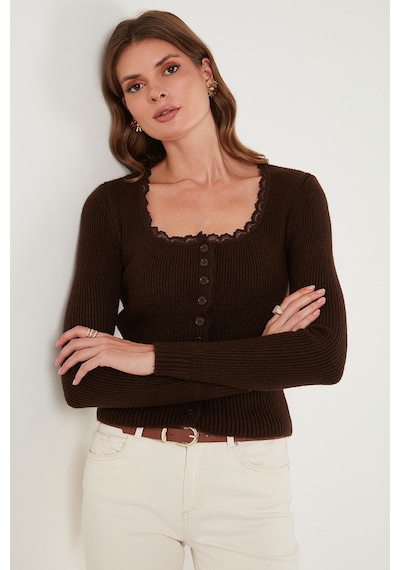Lela Premium Slim Fit Dantel Detaylı Yaka Örme Bayan Hırka 680Hi00061 Kahve