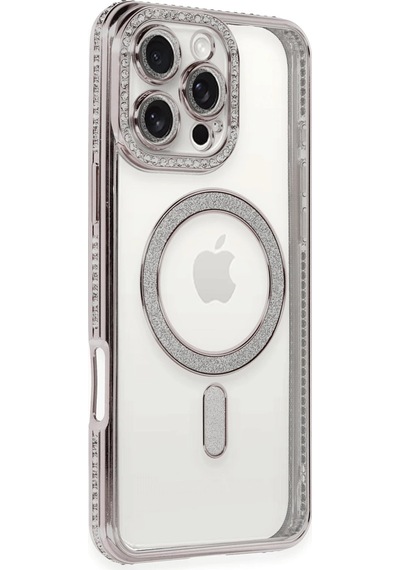 Newface - 580 - İphone 16 Pro Kılıf Joke Simli Magneticsafe Kılıf - Csmo-tex - - Pembe