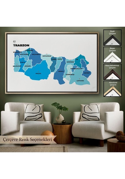 Çerçeveli Trabzon İli Ve İlçeler Haritası Dekoratif Kanvas Tablo-1471
