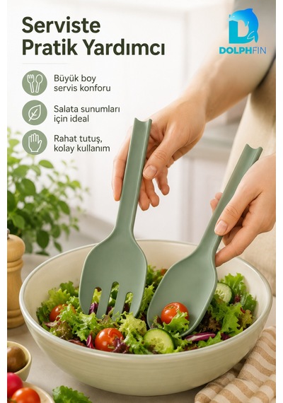 Salata Kaşık Çatal Seti 2 Li Büyük Boy 29 Cm Yeşil Plastik Servis Kaşığı Ve Çatalı