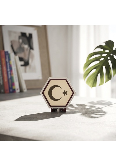 Modern Çizgilerle Ay Yıldız Dekoratif Obje, Ev Dekorasyonu İçin Sanatsal Parça 10x10 Cm, Pudra