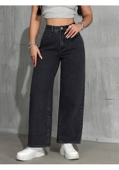 Palazzo Pantolon Koyu Füme Yüksek Bel Geniş Paça Bol Kesim Premium Jeans Gri