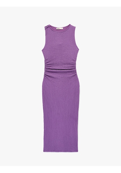 Koton Bürümcük Kumaş Drapeli Kayık Yaka Kolsuz Slim Fit Uzun Kalem Elbise Lila 6sak80010uk