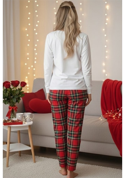 Siyah İnci Kadin Ekose Merry Christmas Baskılı Yılbaşı Temalı Örme Pijama Takım 7970 Ekru Kalp