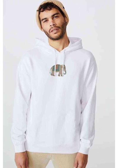 Gri Ve Renkli Fil Sanat Baskılı Beyaz Erkek Örme Kapşonlu Sweat