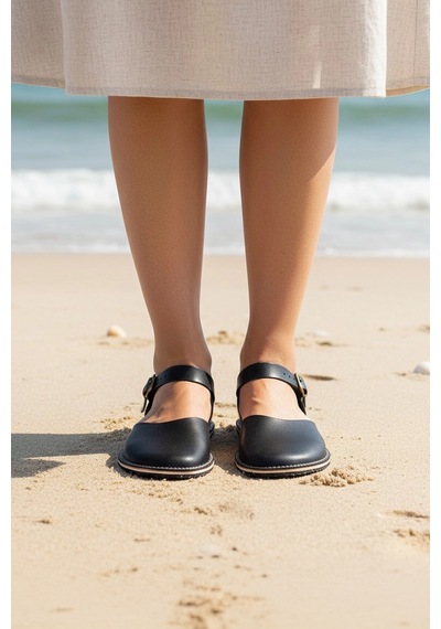 Bodhi Handcraft Kadın Barefoot Hakiki Deri Minimalist Günlük Sandalet El İmalatı Siyah