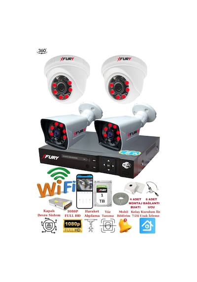 Fury 4 Kameralı 5mp 3.6mm Lens 2mp Görüntü 6 Atom Led Gece Görüşlü Full Hd Güvenlik Kamerası 251412 1 Tb