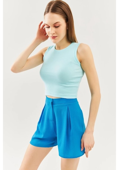 Butikgiz Kadın Sıfır Kol Bisiklet Yaka Vücuda Oturan %100 Pamuklu Kaşkorse Esnek Crop Bluz Aqua