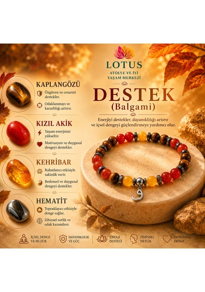Destekleyici Balgami Doğal Taş Bileklik Kaplangözü, Kehribar & Kızıl Akik