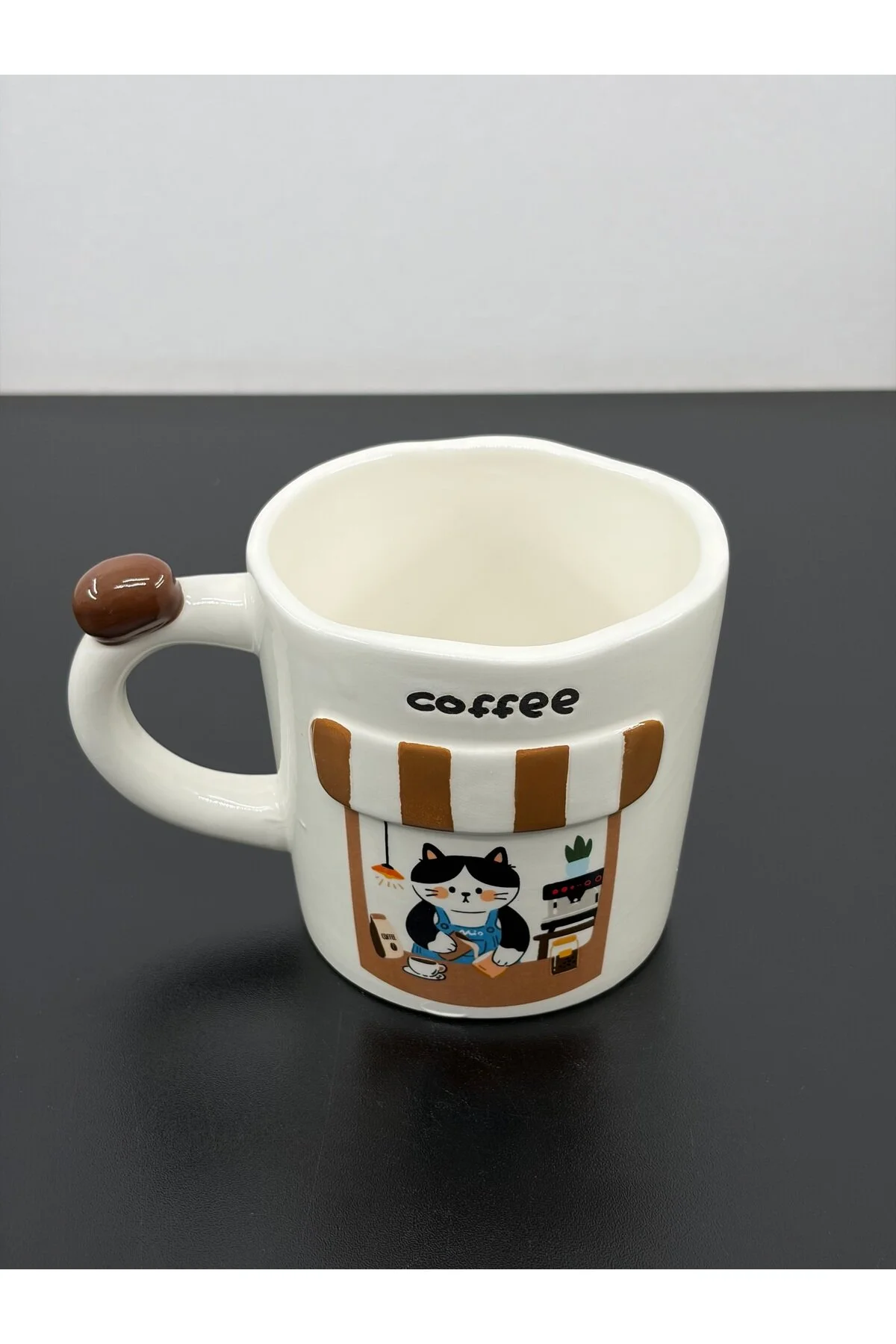 Acar Porselen Lüks Büyük Boy Coffee Dekor Kedili Bardak Kupa 400ml Beyaz
