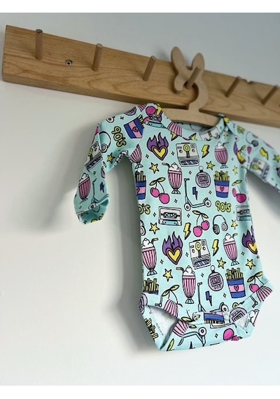 Key Kids Retro 90's Kirazlı Mavi Pembe %100 Organik Pamuklu Kız Unisex Bebek Body Zıbın
