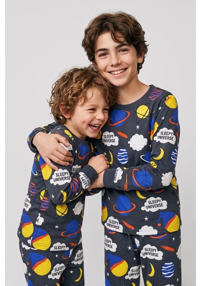 Zuzunga Planet Pattern Uzun Kollu Erkek Çocuk Pijama Takımı Füme