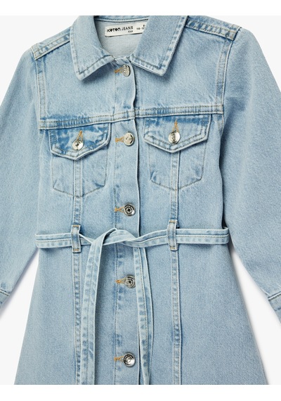 Koton Uzun Kollu Gömlek Yaka Cepli Kemerli Denim Elbise Lıght Indıgo 6skg80012ad Açık Mavi