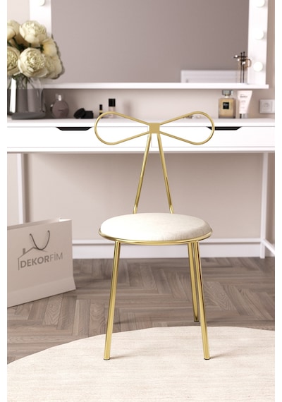 Df04102p Metal Ayaklı Makyaj Sandalyesi, Fiyonk Tasarımlı Puflu Gold Modern Dekoratif Sandalye Altın