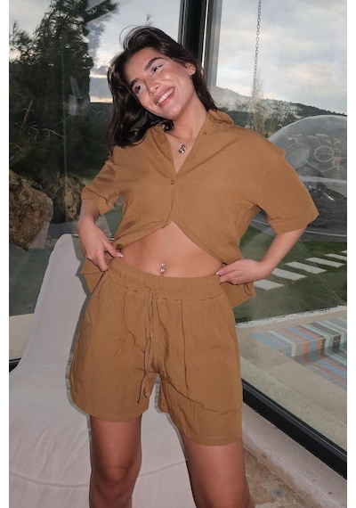 Madmext Camel Basic Kadın Şort Gömlek Takım Mg2361