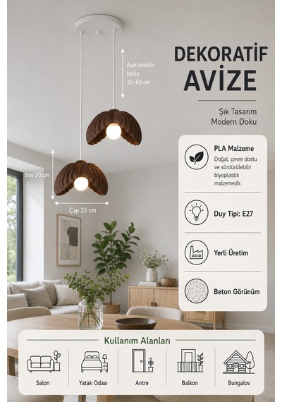 Lotus Çiçek Tasarım 2'li Sarkıt Avize - Modern Tasarım Gece Lambası İç Dış Ortama Uygun - 25 Cm - Kahverengi