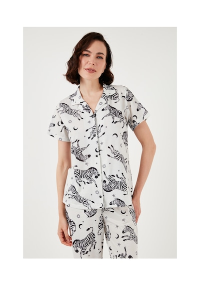 Lela Desenli Kısa Kollu Beli Lastikli Gömlek Yaka Dokuma Regular Fit Bayan Pijama Takımı 6571010 Ekru-Siyah