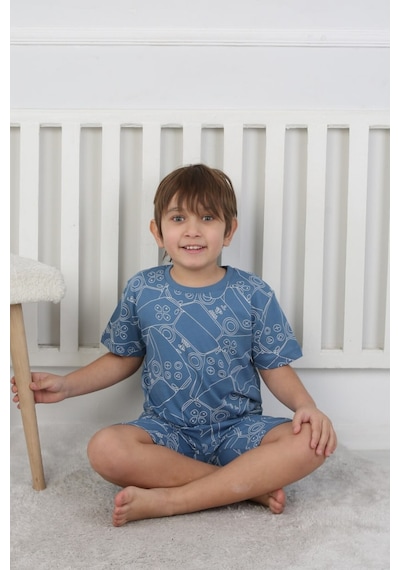 Bunny Hopp Şortlu Erkek Çocuk Pijama Takımı %100 Pamuk Desenli Yazlık 3-8 Yaş Mavi