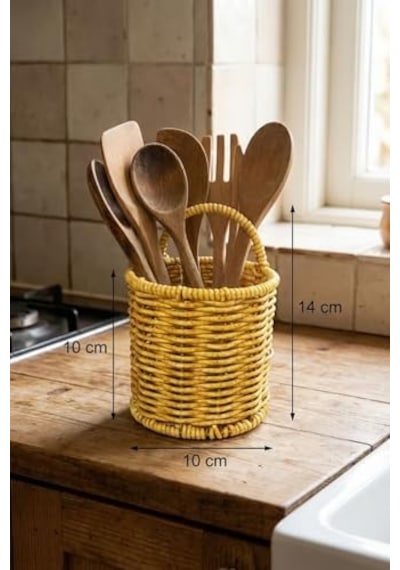 Yuvarlak Hasır Dokulu Plastik Rattan Kaşıklık Ve Çatallık, Askılı Çok Amaçlı Mutfak Organizeri, 10x14 Cm Açık Ahşap