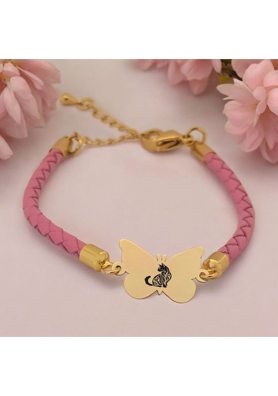 Archin Kedi Temalı Kelebek Motifli 14 Ayar Altın Plakalı Pembe Derili Hediye Bileklik-455sembol Kedi Archin Kedi Temalı Kelebek Motifli 14 Ayar Altın Plakalı Pembe Derili Hediye Bileklik-455sembol Kedi