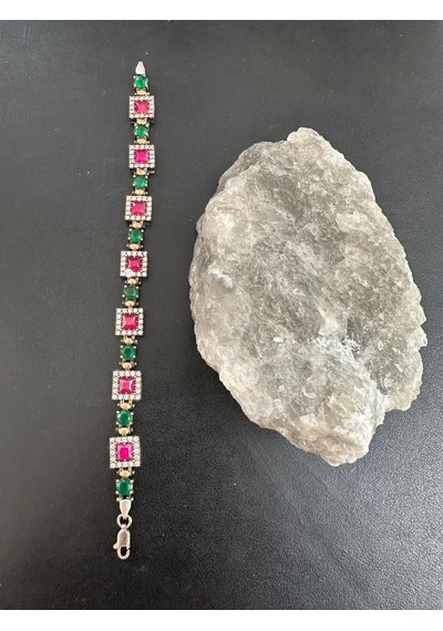 Otantik Bileklik 925 Ayar Gümüş Yakut Zümrüt Ve Zirkon Taşlı