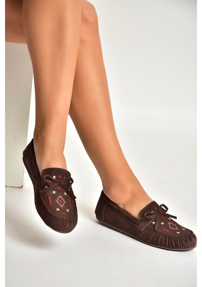 Fox Shoes Y996073102 Kahverengi Süet Renkli Motif İşlemeli Kadın Babet Kahverengi